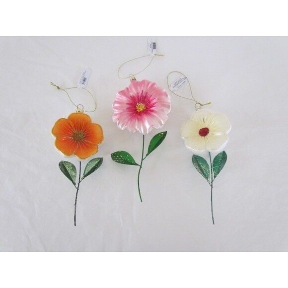 West Elm Glass Flower Ornaments Set 3 White Orange Pink Large NEW - Picture 10 of 11